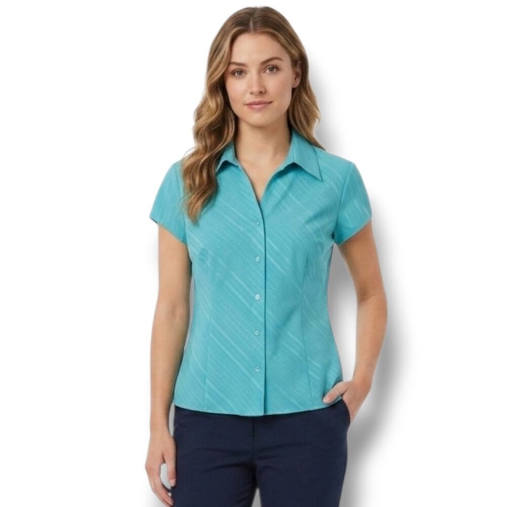 Worthington Teal Aqua Diagonal Stripe Short Sleeve Button Down Blouse Size 8